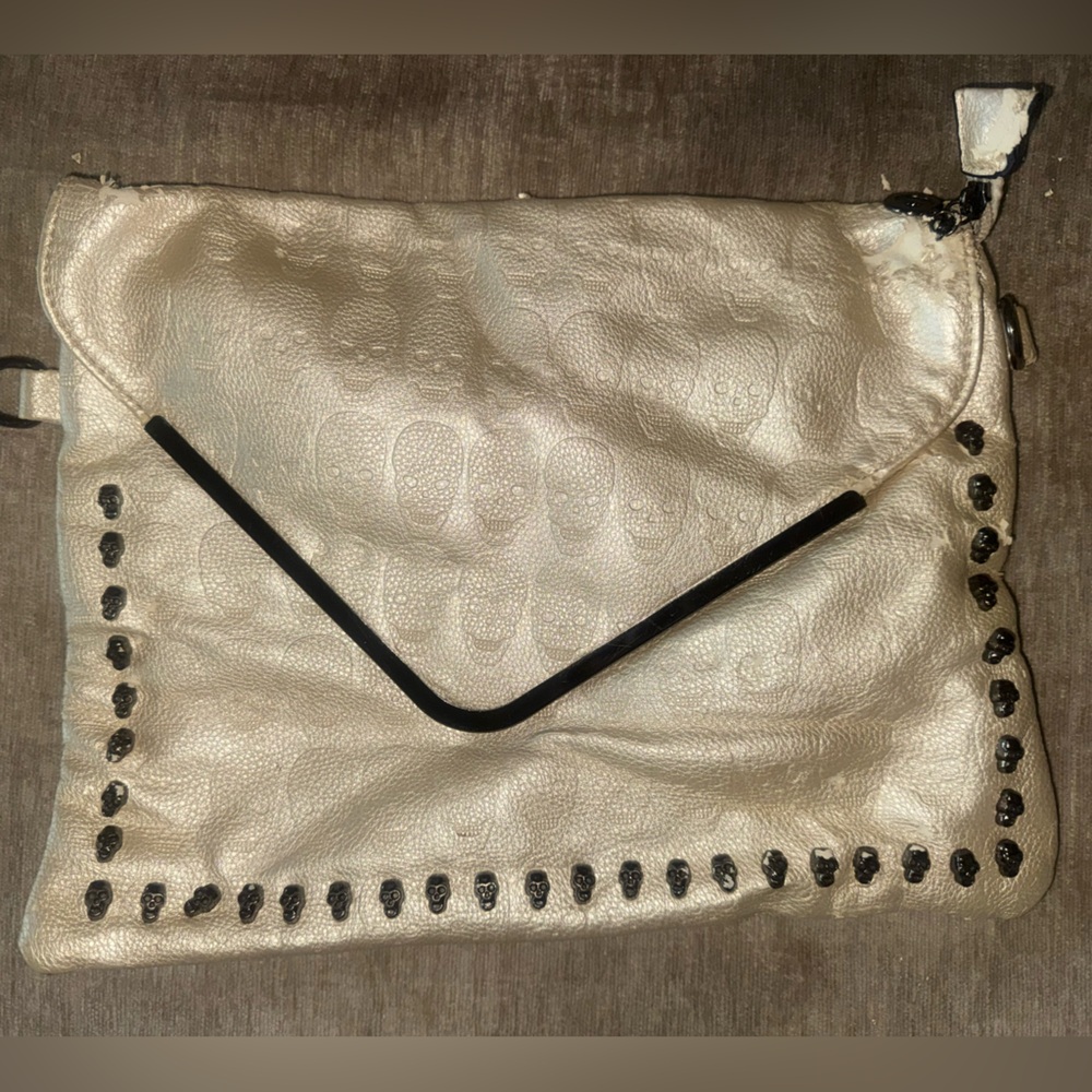 Metallic Cream Envelope Clutch with Stud Trim